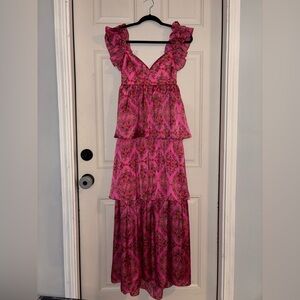 NWOT Karlie Pink Floral Satin
Tiered Ruffle Maxi Dress